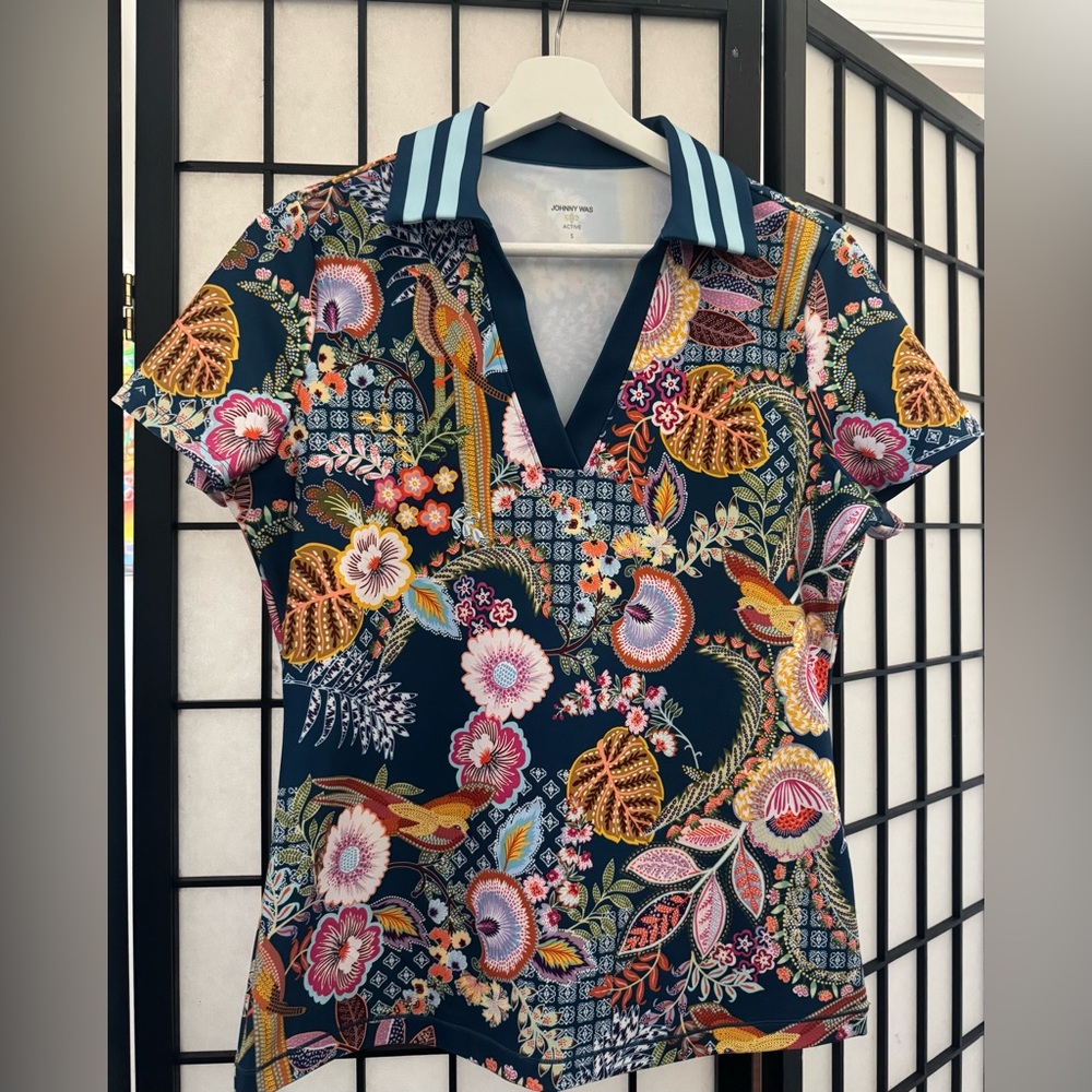 Johnny Was “Active” Vibrant Patterned Blouse with Blue Striped Collar